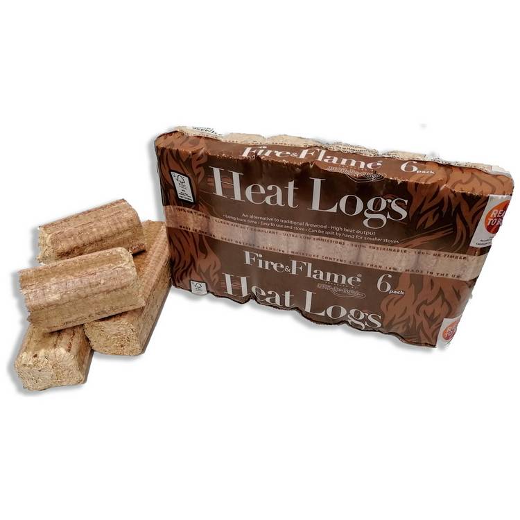 Fire and Flame heat logs 6-pack compressed wood briquettes (British brand)