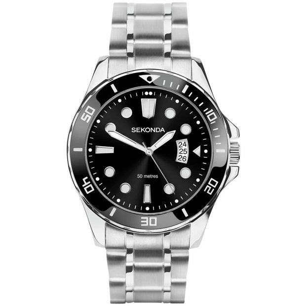 Sekonda men's watch with black dial and stainless steel bracelet (British brand)