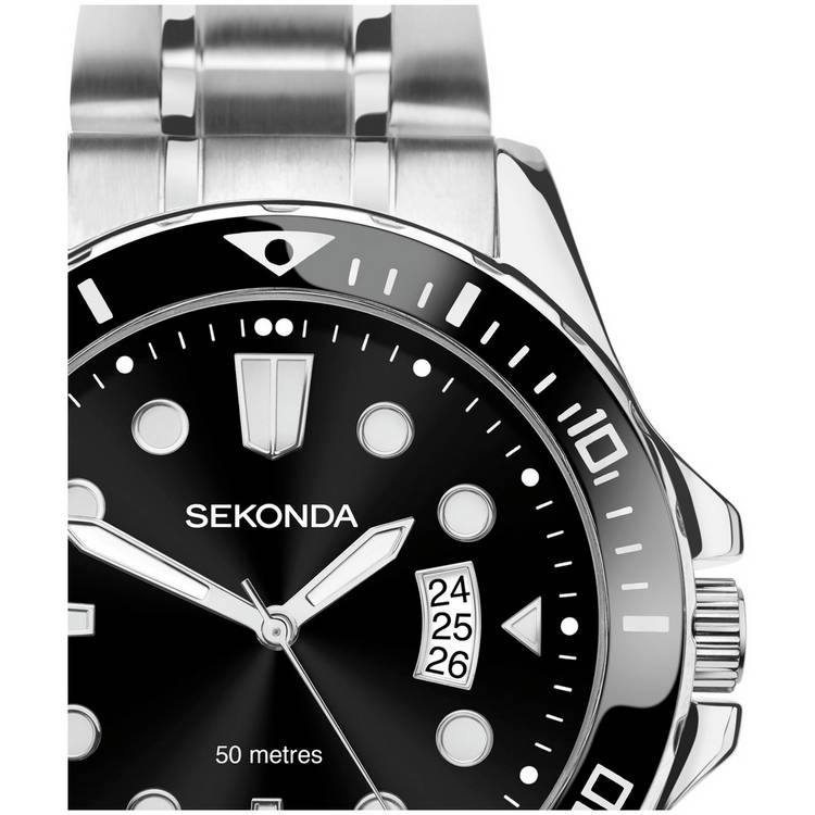 Sekonda men's watch with black dial and stainless steel bracelet (British brand)