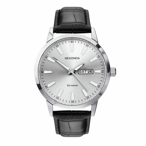 Sekonda men's black leather strap silver dial watch, UK version
