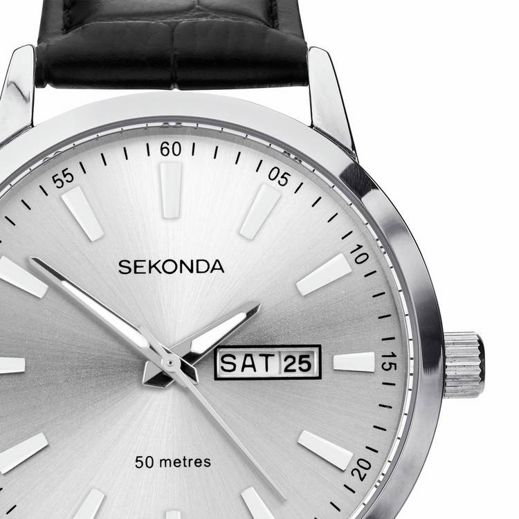 Sekonda men's black leather strap silver dial watch, UK version