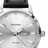 Sekonda men's black leather strap silver dial watch, UK version