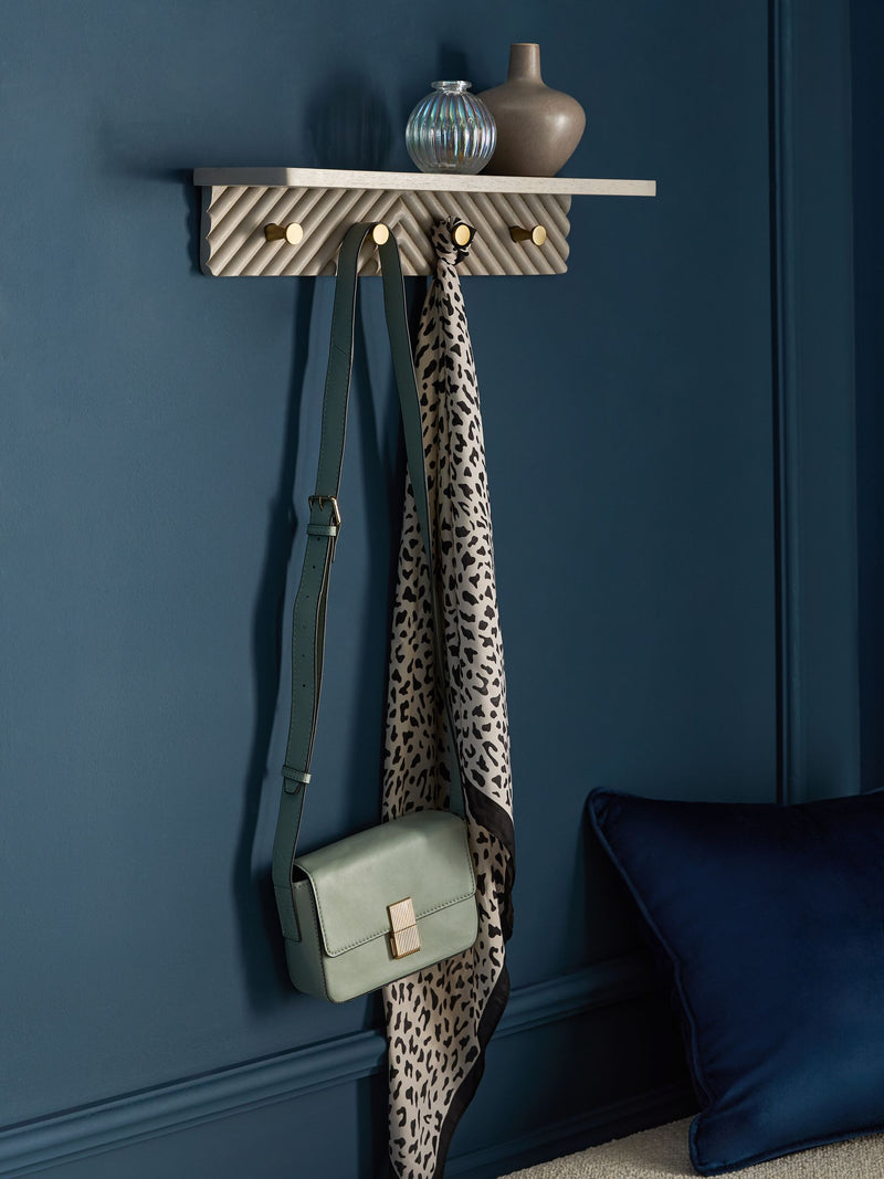 Grey Valencia wall shelf with hooks mango wood gold detailing - British product