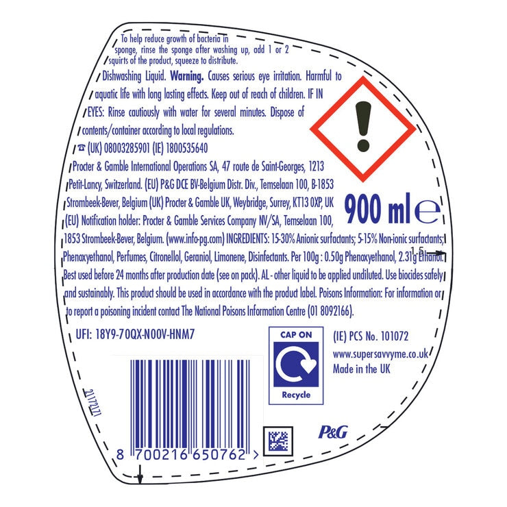 Fairy Anti-Bacterial Liquid 6 x 900ml - British product