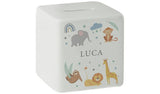 Personalised ceramic money box with safari animals 9cm, imported from the UK