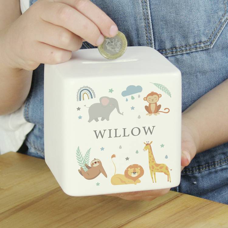 Personalised ceramic money box with safari animals 9cm, imported from the UK