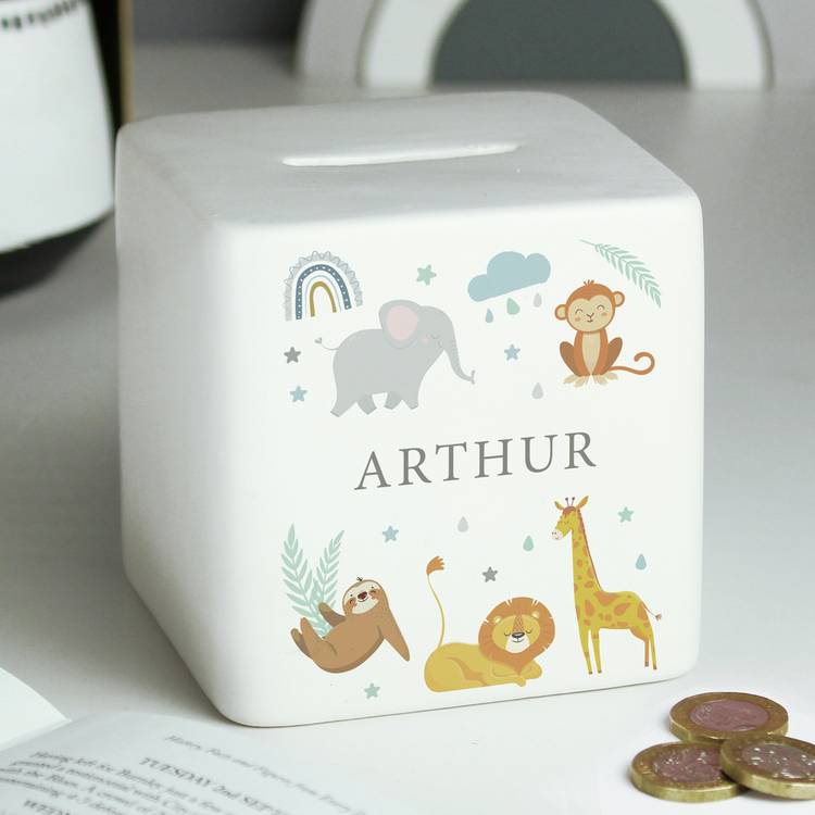 Personalised ceramic money box with safari animals 9cm, imported from the UK