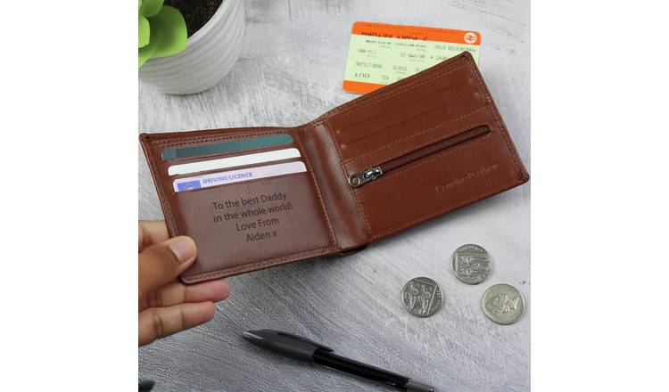 Personalised tan leather wallet from the UK, imported from the UK