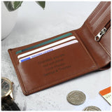 Personalised tan leather wallet from the UK, imported from the UK