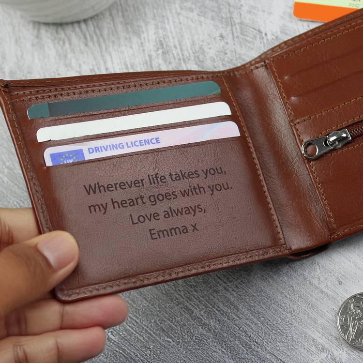 Personalised tan leather wallet from the UK, imported from the UK