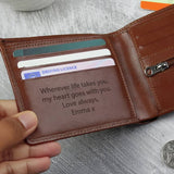 Personalised tan leather wallet from the UK, imported from the UK