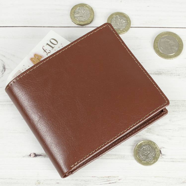 Personalised tan leather wallet from the UK, imported from the UK