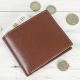 Personalised tan leather wallet from the UK, imported from the UK
