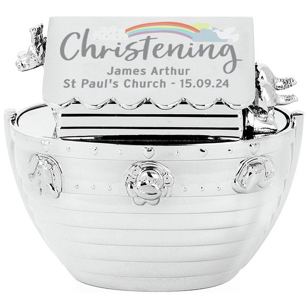 Noah's Ark money box silver finish with rainbow design, imported from the UK