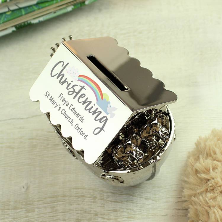 Noah's Ark money box silver finish with rainbow design, imported from the UK