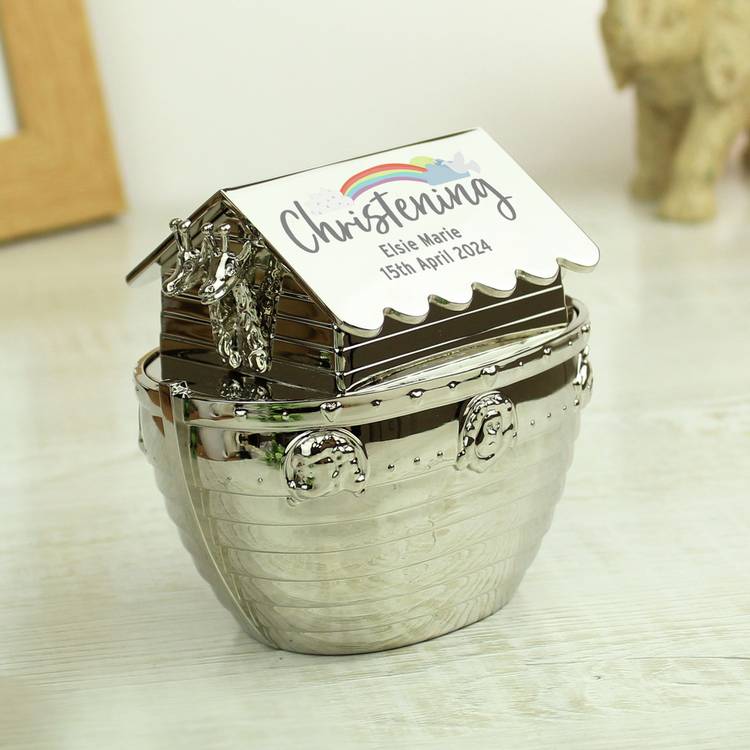 Noah's Ark money box silver finish with rainbow design, imported from the UK