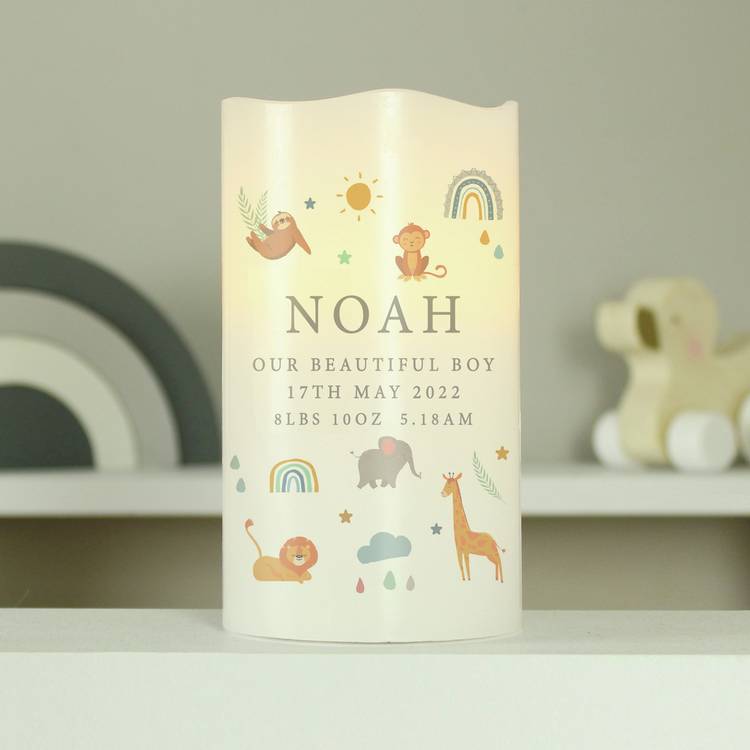Personalised safari animals LED candle 13cm, UK version