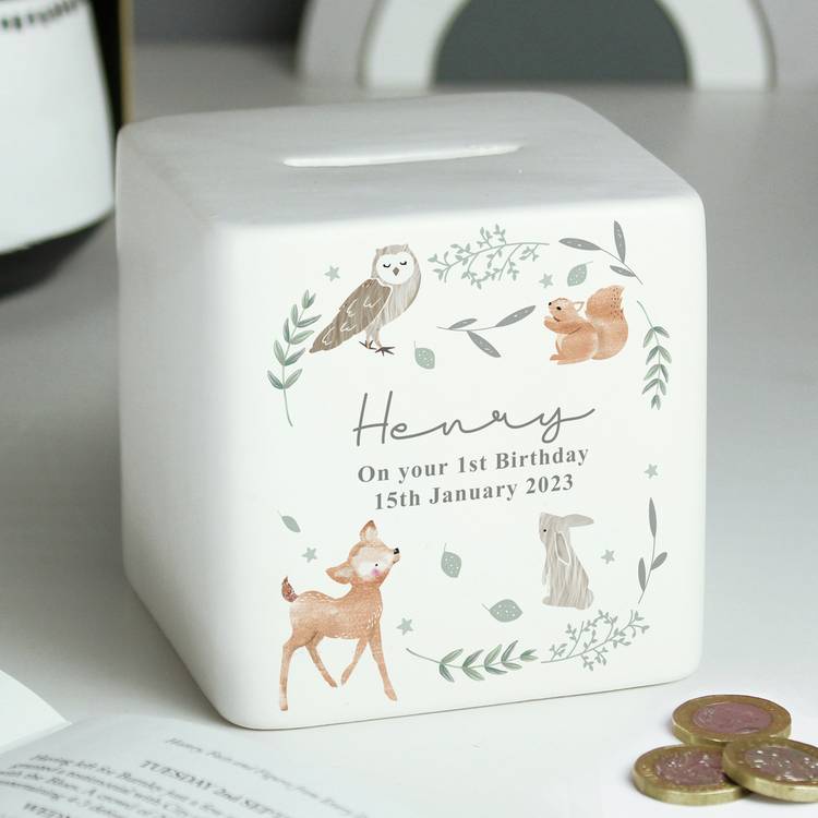 Personalised woodland animal ceramic money box 9cm - British product