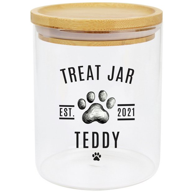 personalised pet treat glass jar with lid 13cm, imported from the UK