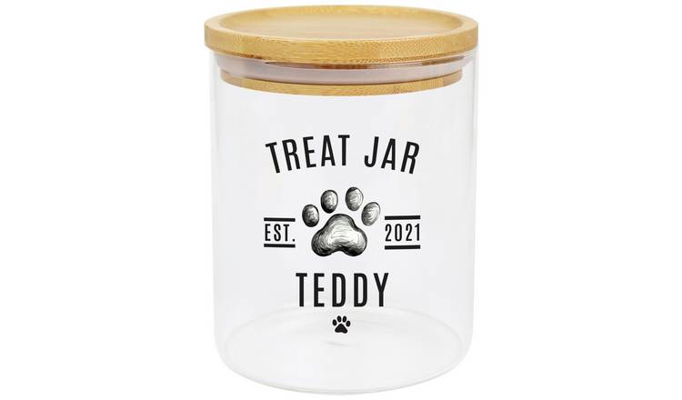 personalised pet treat glass jar with lid 13cm, imported from the UK