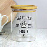 personalised pet treat glass jar with lid 13cm, imported from the UK