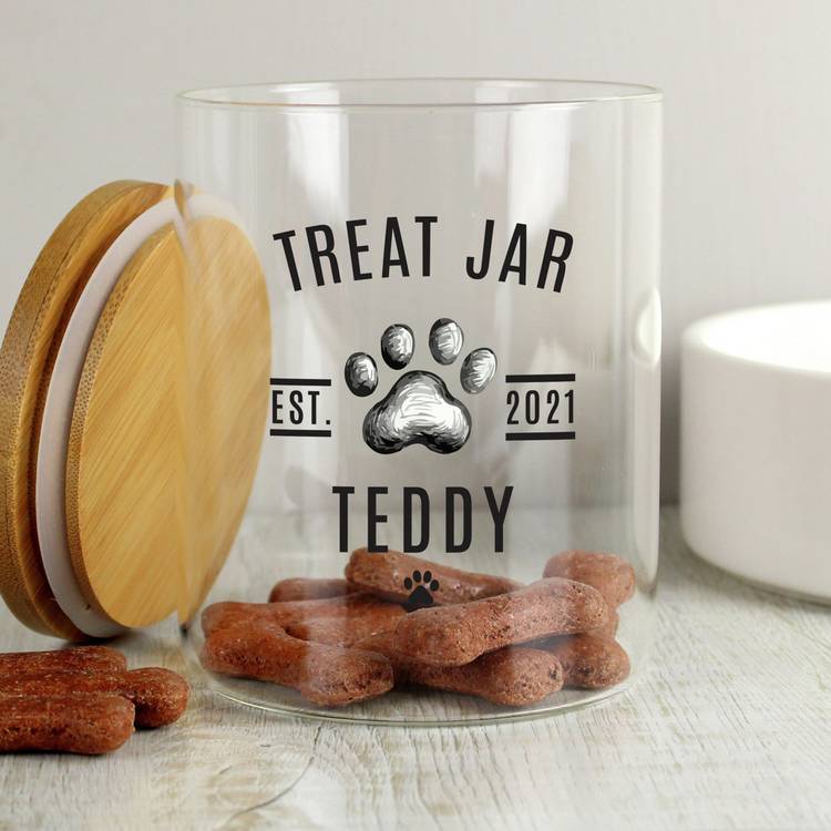 personalised pet treat glass jar with lid 13cm, imported from the UK