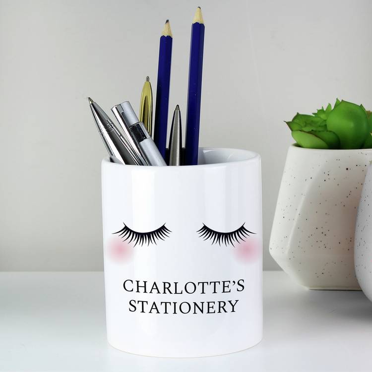 Personalised ceramic storage pot with eyelashes print, UK version
