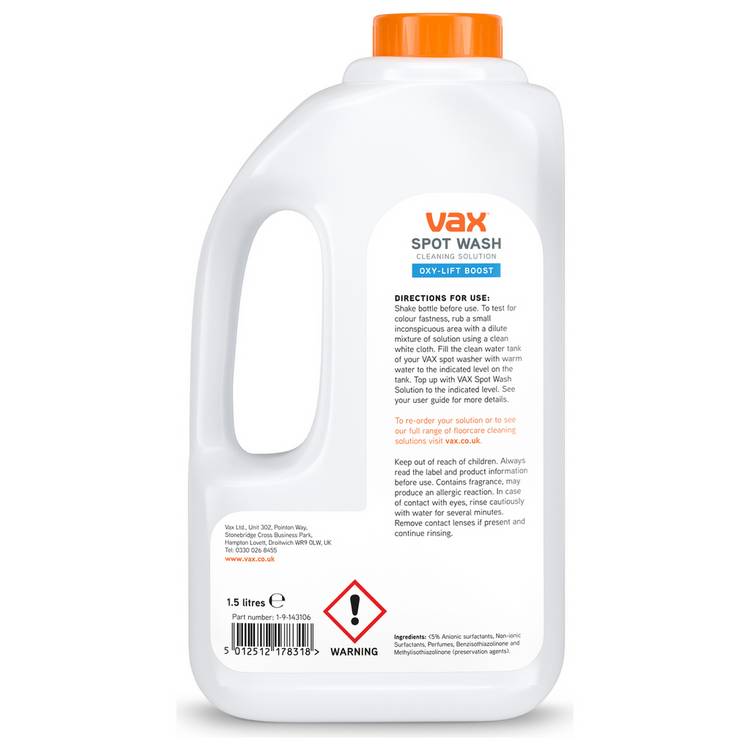 Vax SpotWash Oxy-Lift Boost 1.5L carpet cleaning solution, imported from the UK