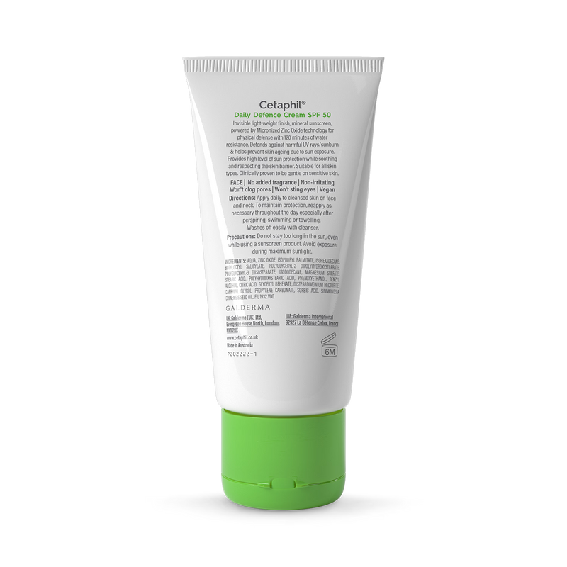 Cetaphil Daily Defence Cream SPF 50+ mineral sunscreen 50g, imported from the UK