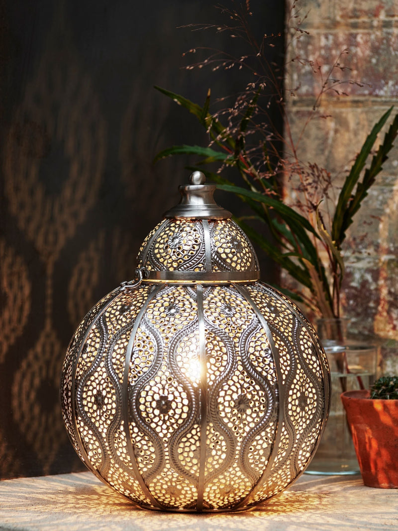 Silver Marrakech table lamp with brushed chrome filigree, UK version