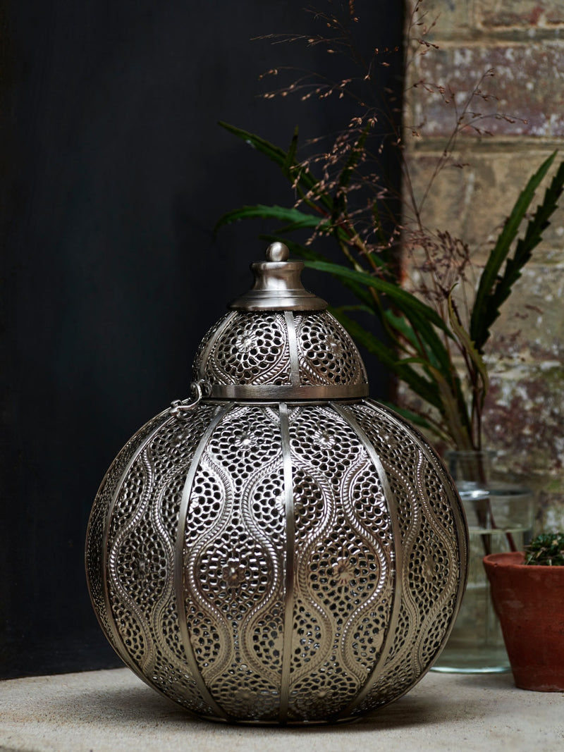 Silver Marrakech table lamp with brushed chrome filigree, UK version