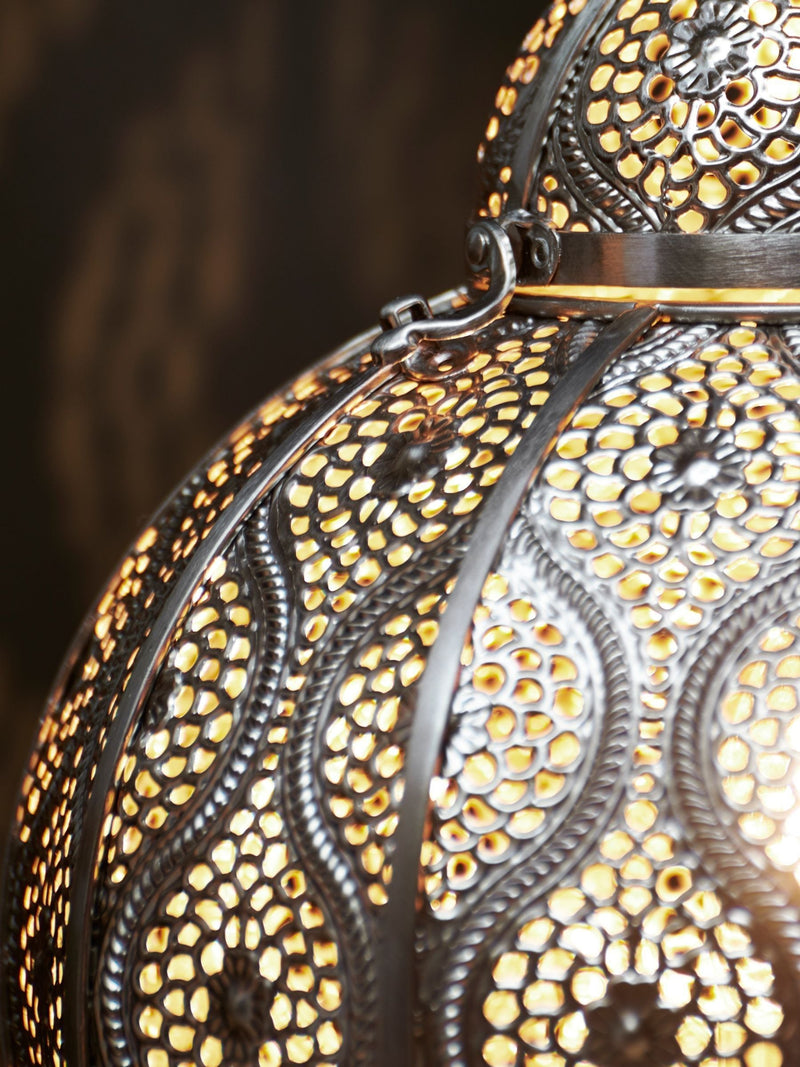 Silver Marrakech table lamp with brushed chrome filigree, UK version