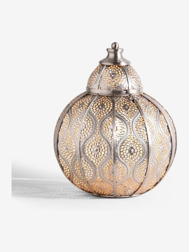 Silver Marrakech table lamp with brushed chrome filigree, UK version