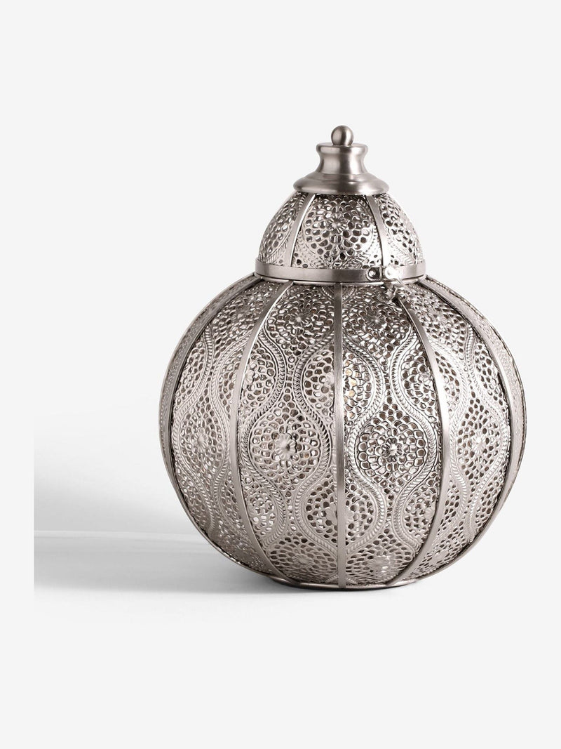 Silver Marrakech table lamp with brushed chrome filigree, UK version