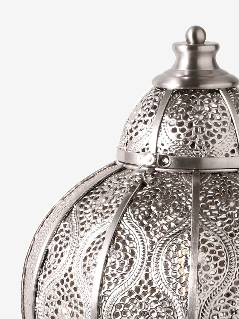 Silver Marrakech table lamp with brushed chrome filigree, UK version