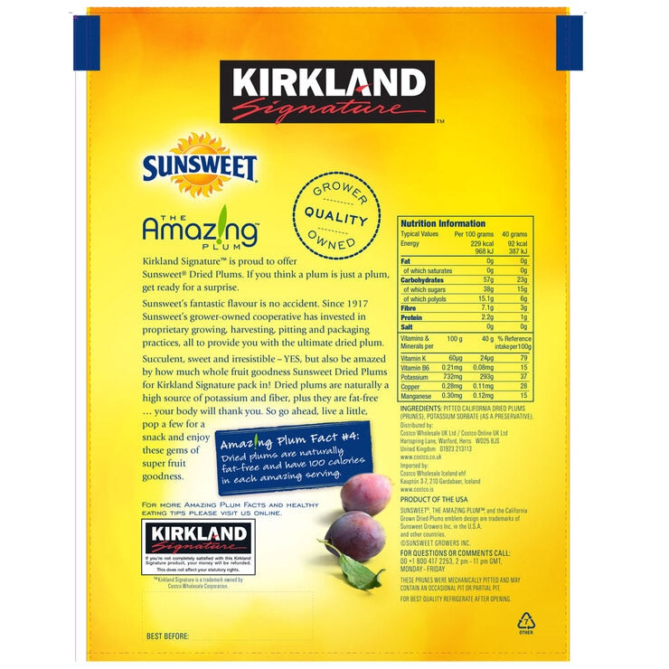 Kirkland Signature Sunsweet pitted dried plums 1.59kg, UK version