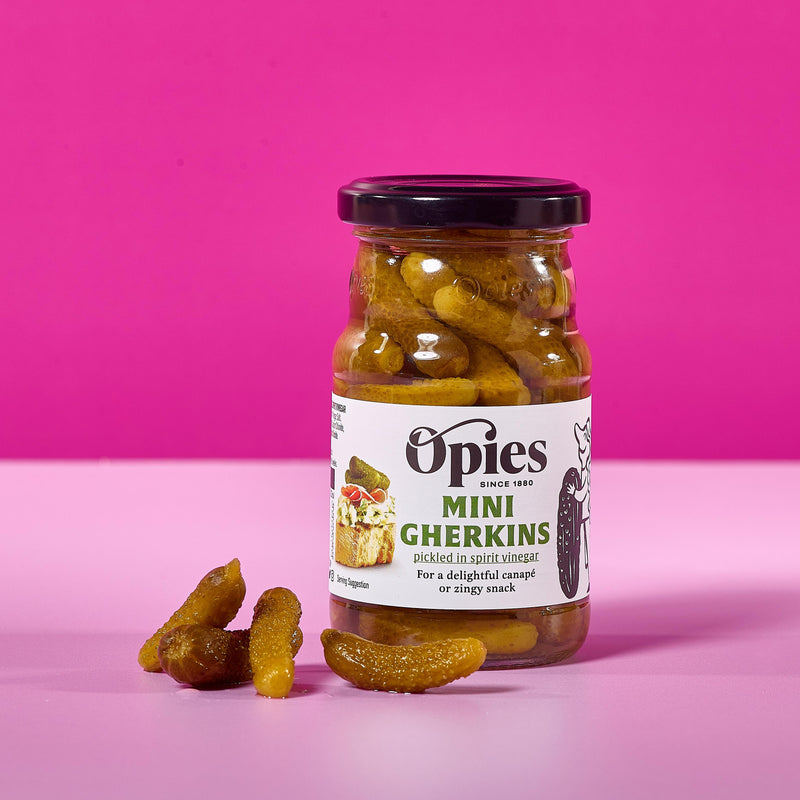 Opies cocktail gherkins in distilled malt vinegar 227g - British product