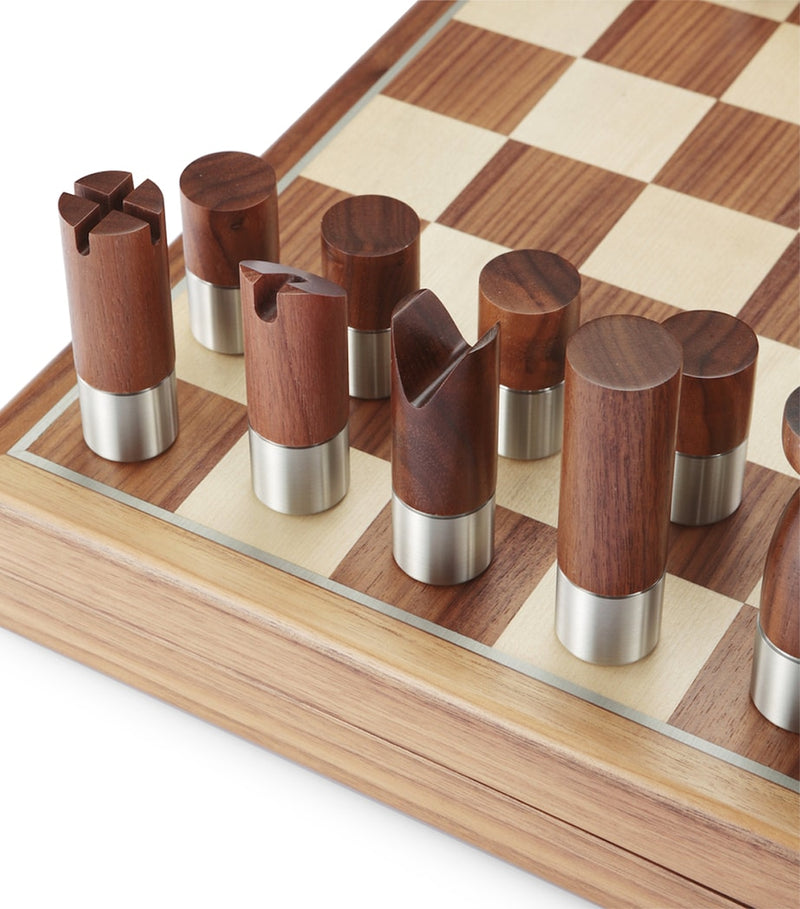 Royal Selangor Modernist chess set in walnut and pewter, UK version