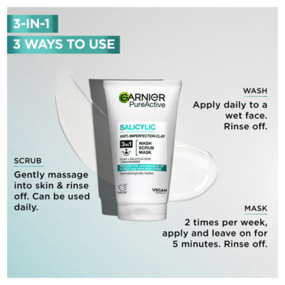 Garnier Pure Active 3in1 clay mask-wash-scrub for oily skin 150ml, UK version