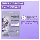 Garnier Moisture Bomb Lavender and Hyaluronic Acid sheet mask 28g, UK version
