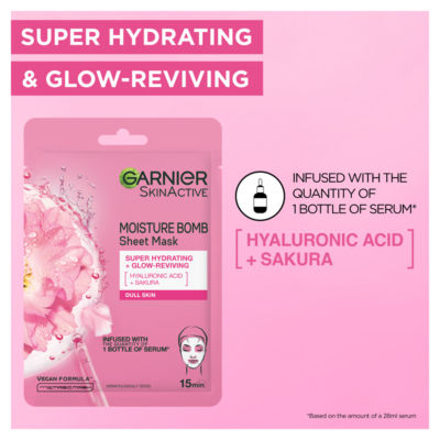 Garnier Moisture Bomb Sakura and Hyaluronic Acid sheet mask 28g, UK version