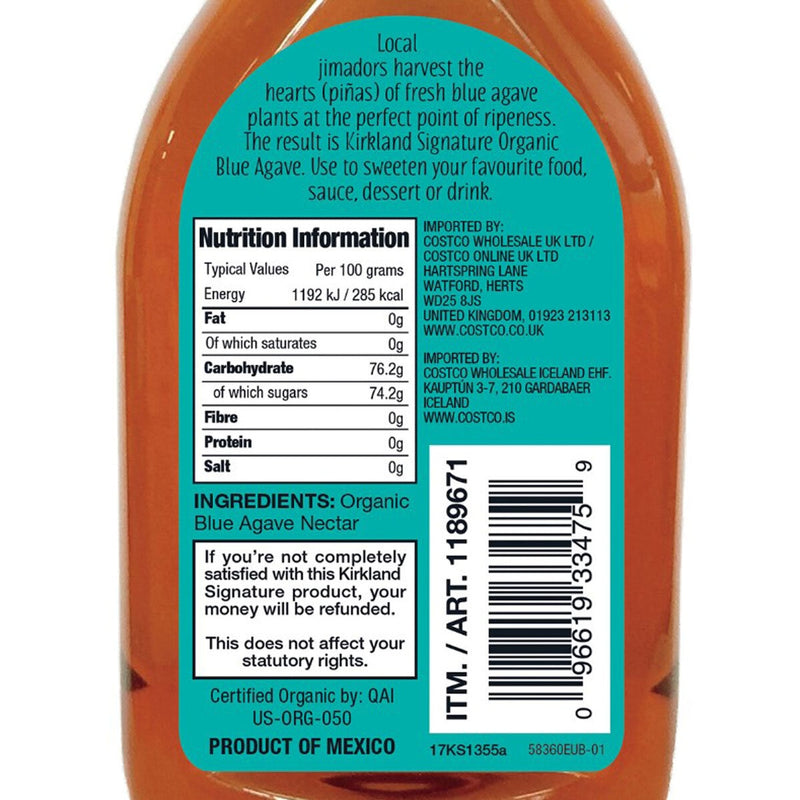 Kirkland Signature Organic Blue Agave Sweetener 2 x 736ml, UK version