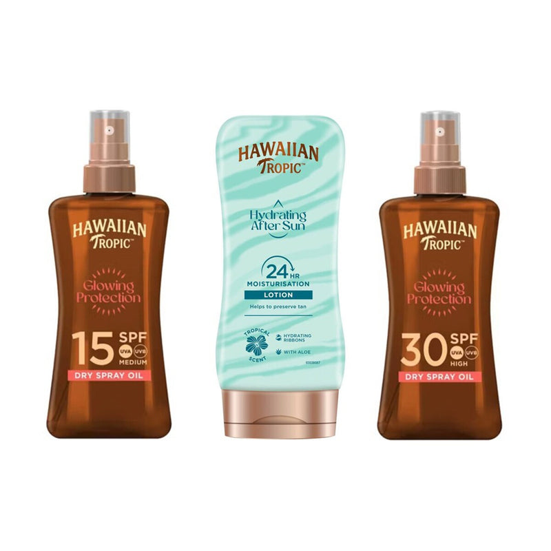 Hawaiian Tropic sun protection set with SPF oils and after sun, UK version