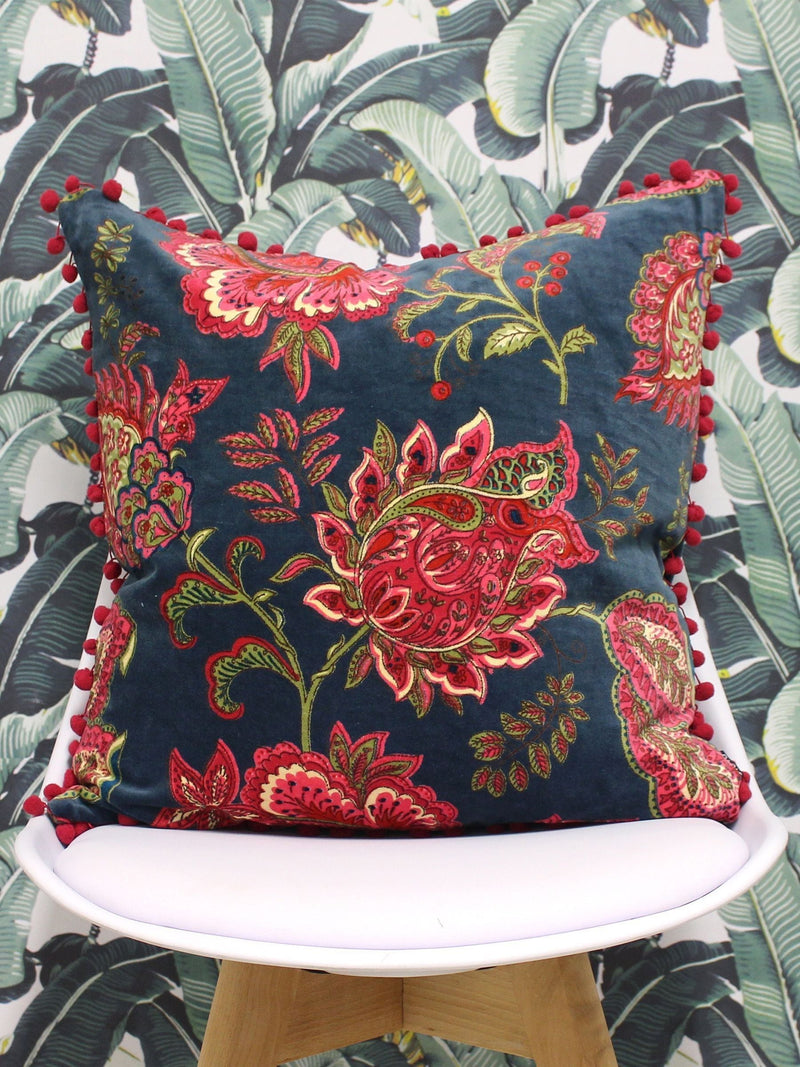 Riva Paoletti smoke blue paisley cushion with pompoms (British brand)