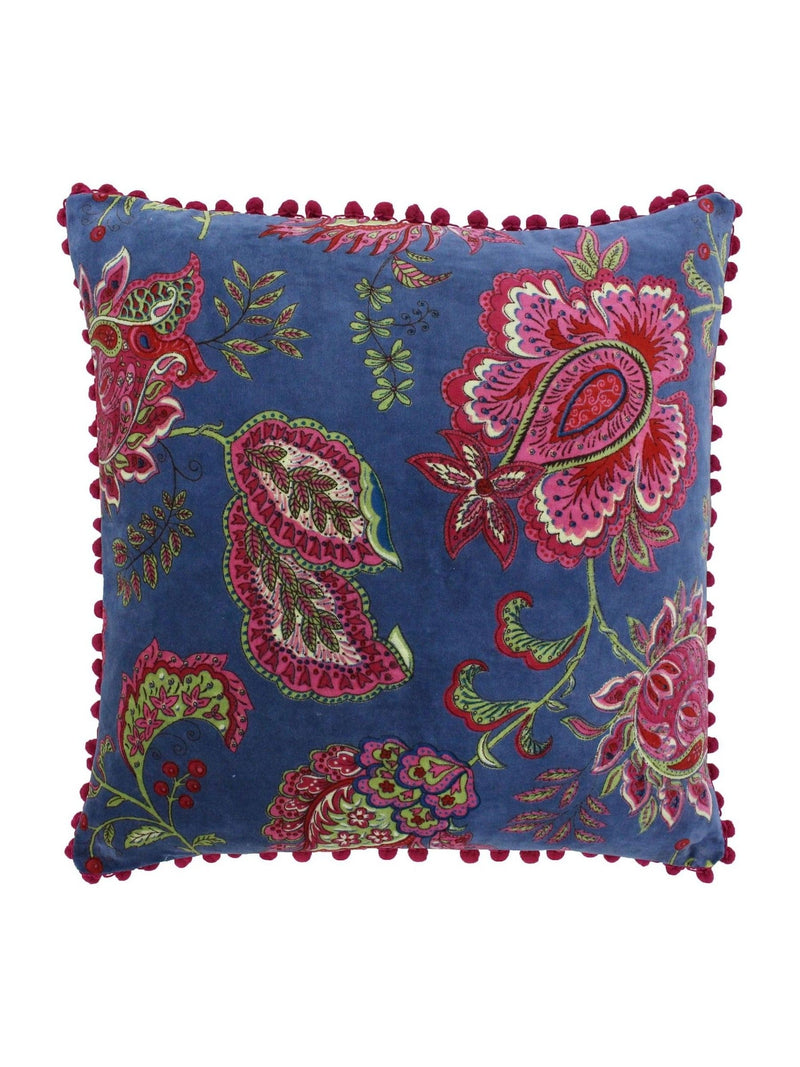Riva Paoletti smoke blue paisley cushion with pompoms (British brand)