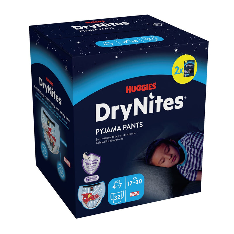 Huggies DryNites bedwetting pants boys 4-7 32 pack, imported from the UK