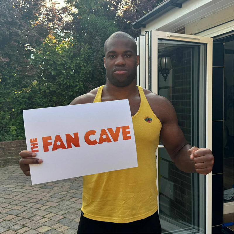 The Fan Cave signed Daniel Dubois framed boxing shorts 82x82 cm, imported from the UK