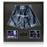 The Fan Cave signed Daniel Dubois framed boxing shorts 82x82 cm, imported from the UK