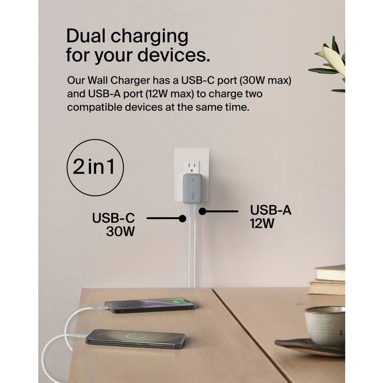 Belkin dual port USB C and USB-A charger 42W - British product