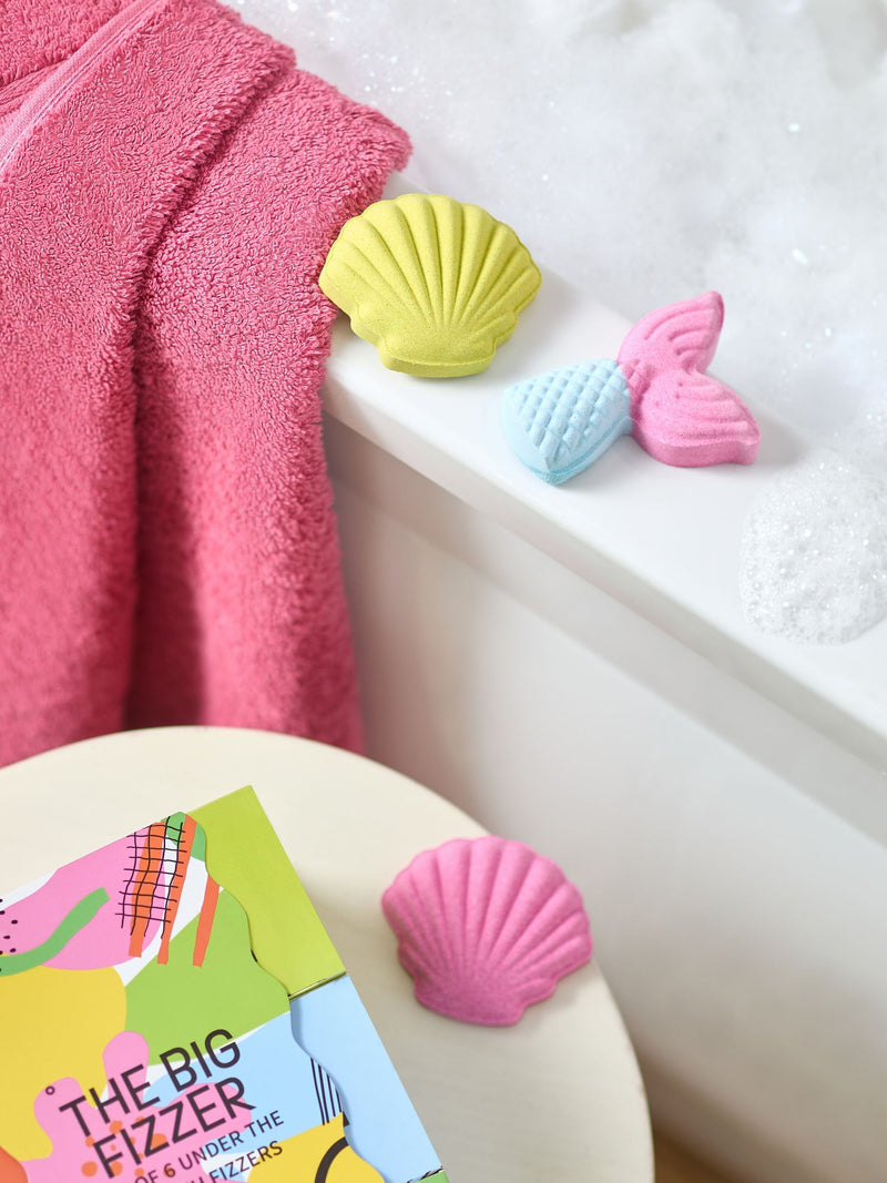 Rainbow bath fizzers set for kids with under-the-sea shapes, UK version